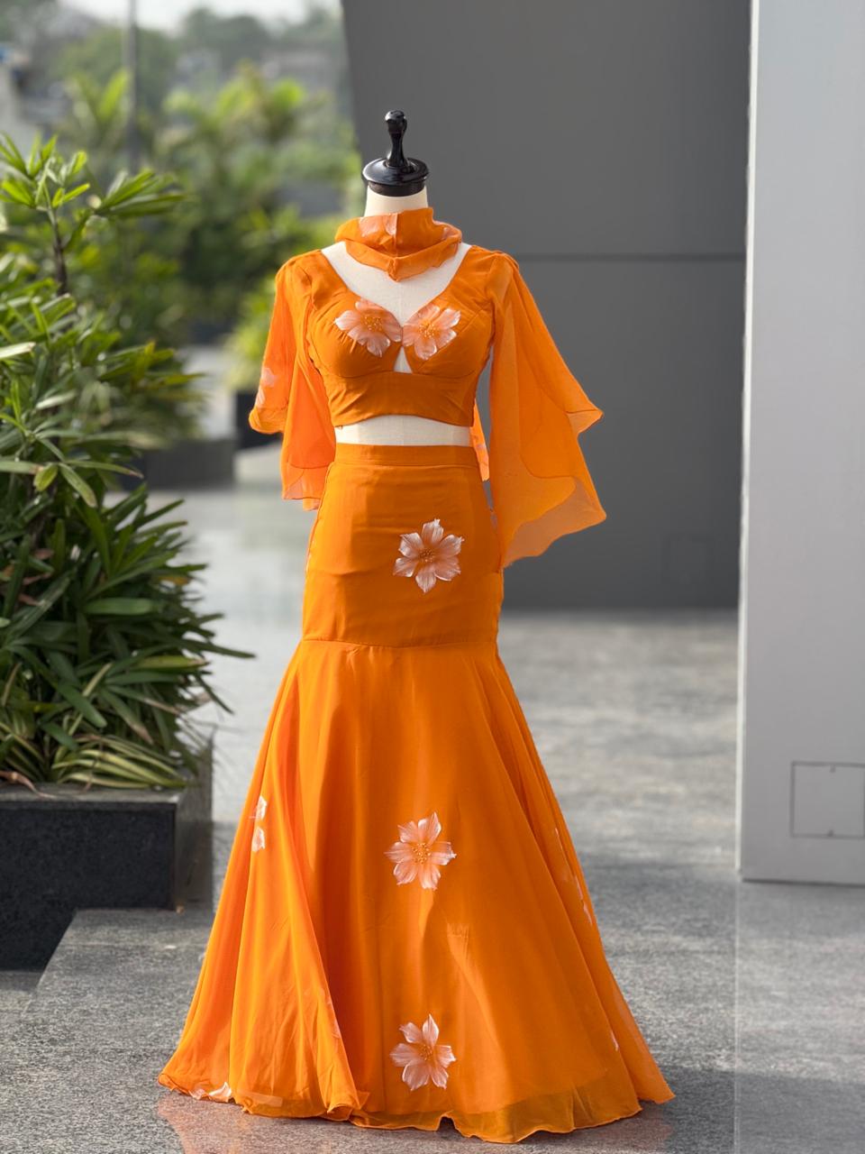 Orange Elegant Handpaint Indowestern
