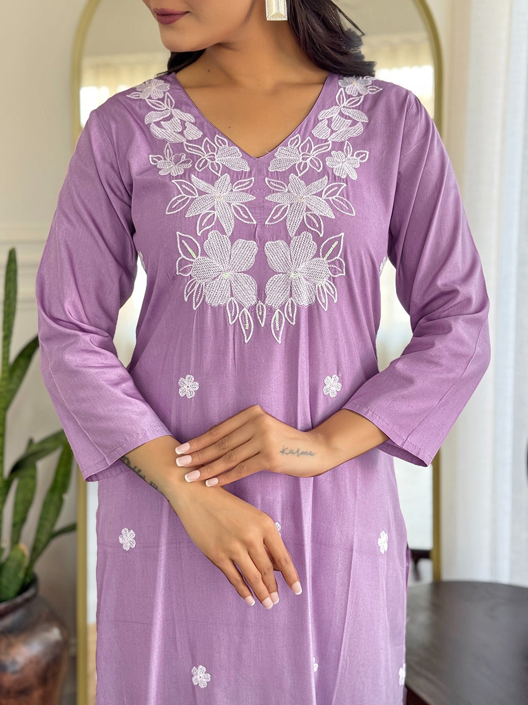 Lavender Rayon Embroidere Kurti