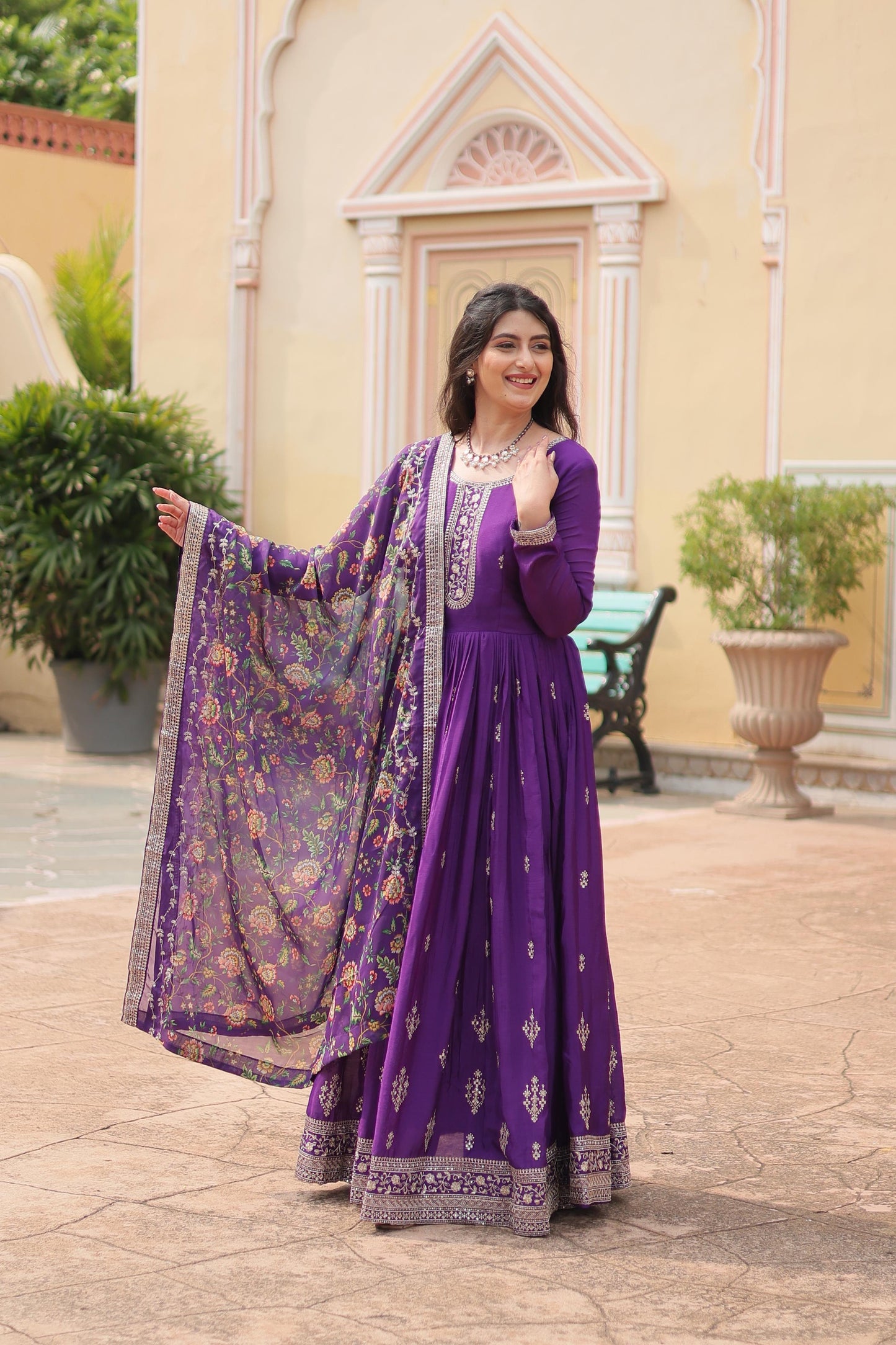 Purple Printed Tebby Silk Sharara Suit