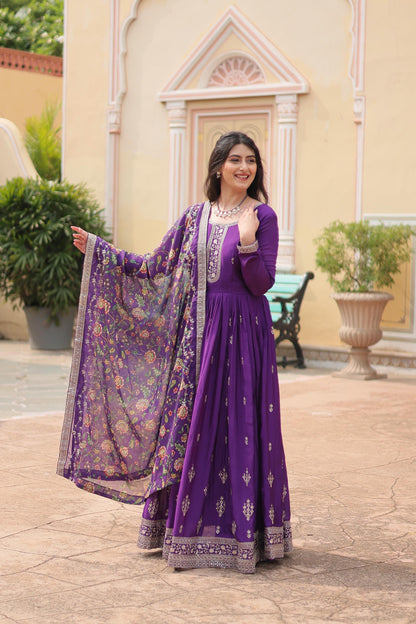 Purple Printed Tebby Silk Sharara Suit