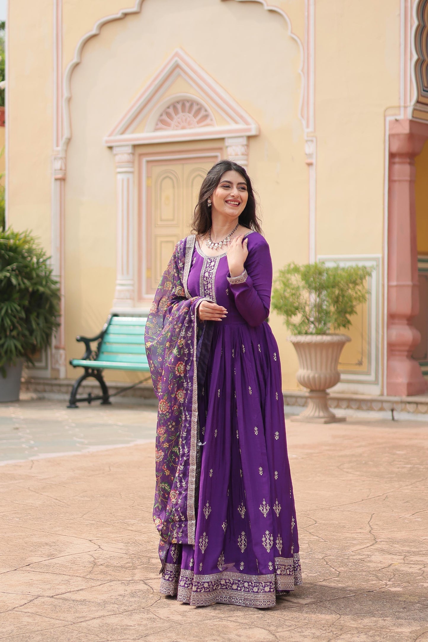 Purple Printed Tebby Silk Sharara Suit