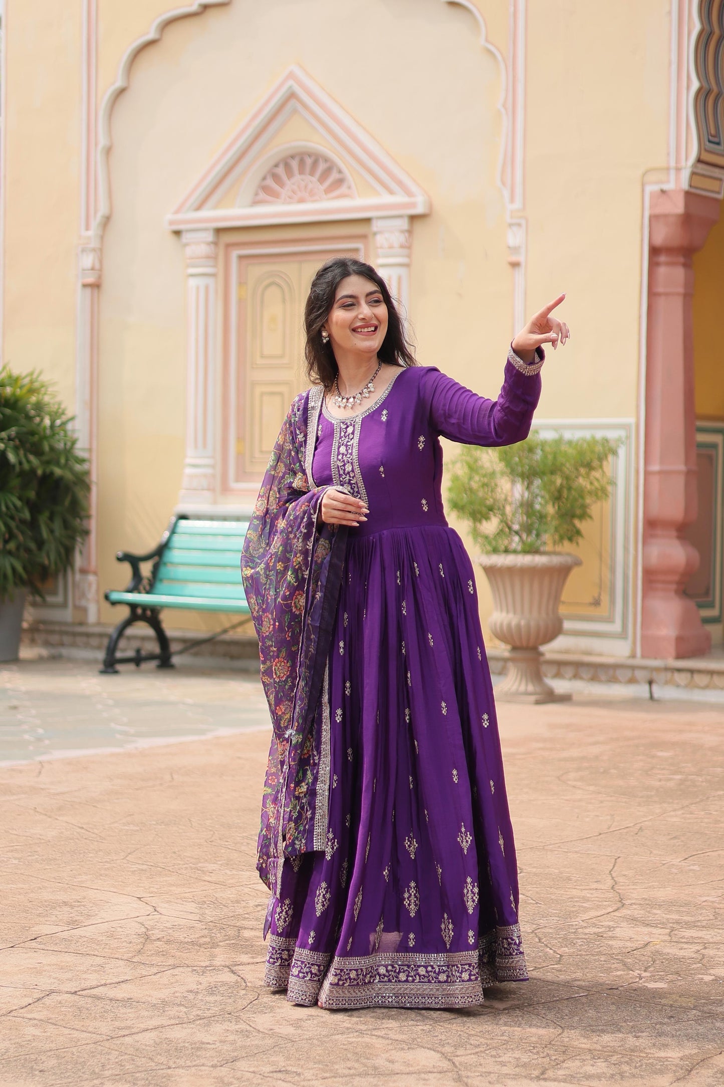 Purple Printed Tebby Silk Sharara Suit