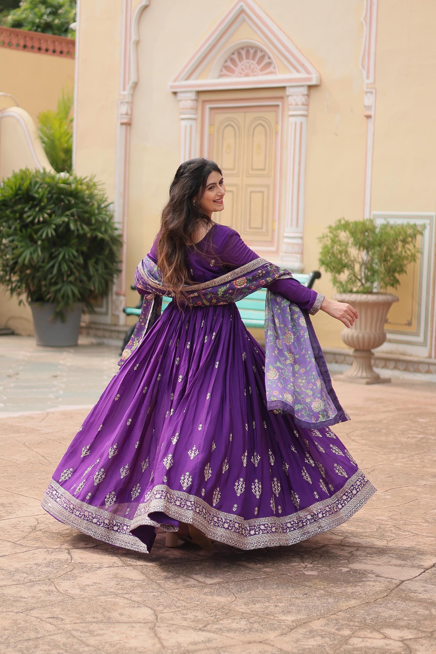 Purple Printed Tebby Silk Sharara Suit