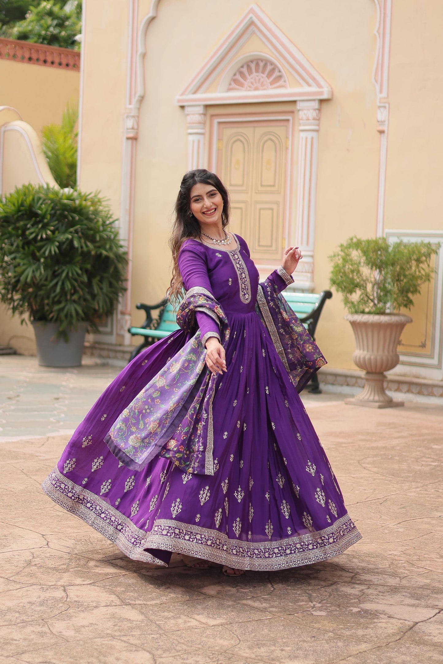Purple Printed Tebby Silk Sharara Suit