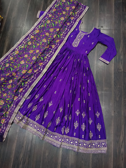 Purple Printed Tebby Silk Sharara Suit
