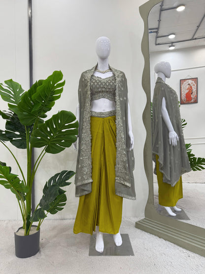 Parrot Green American Crepe Indowestern