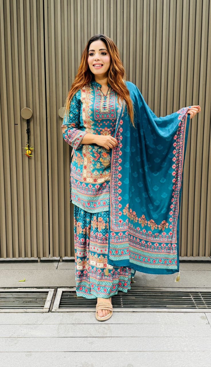 Blue Chinnon Silk 3-Piece