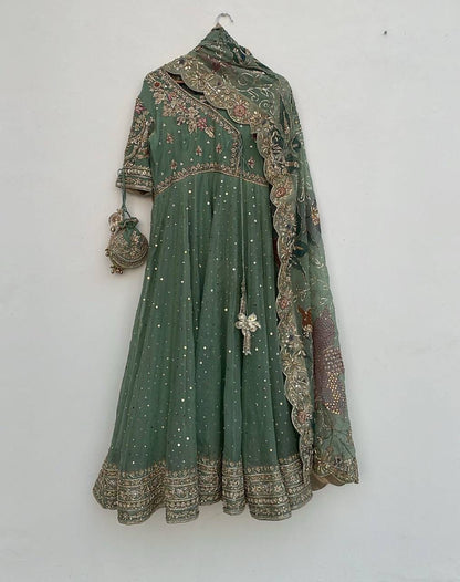 Green Elegant Embroidery Work Gown