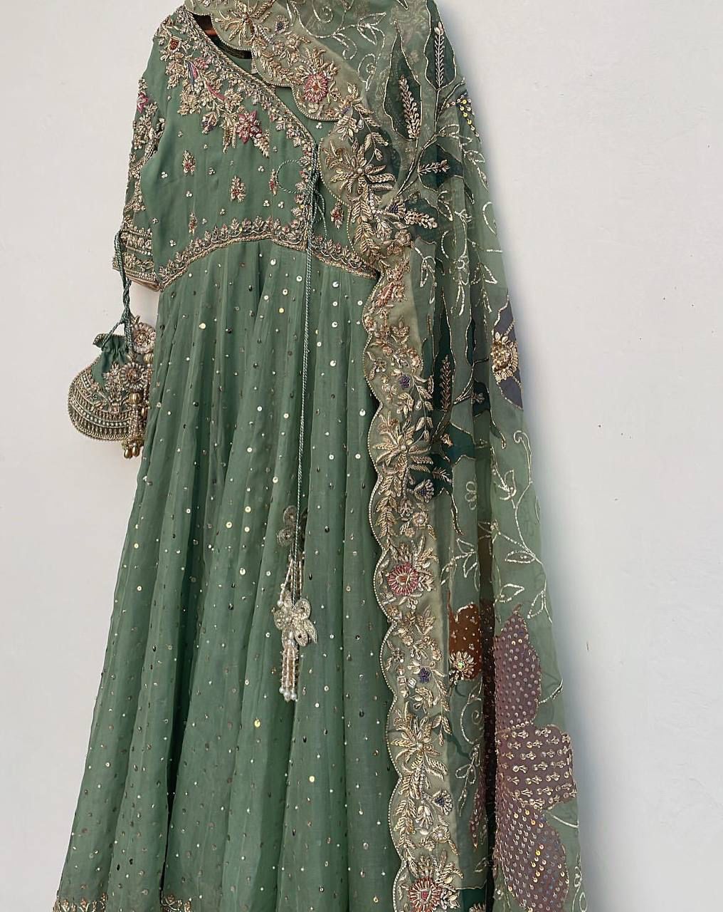 Green Elegant Embroidery Work Gown