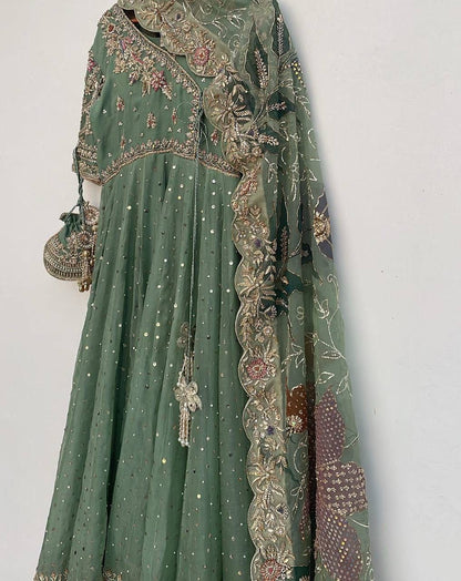 Green Elegant Embroidery Work Gown