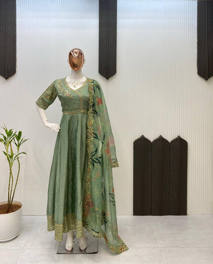Green Elegant Embroidery Work Gown