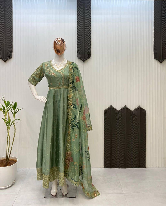 Green Elegant Embroidery Work Gown