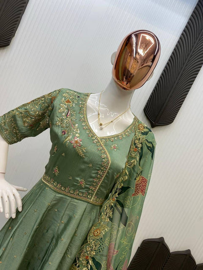 Green Elegant Embroidery Work Gown