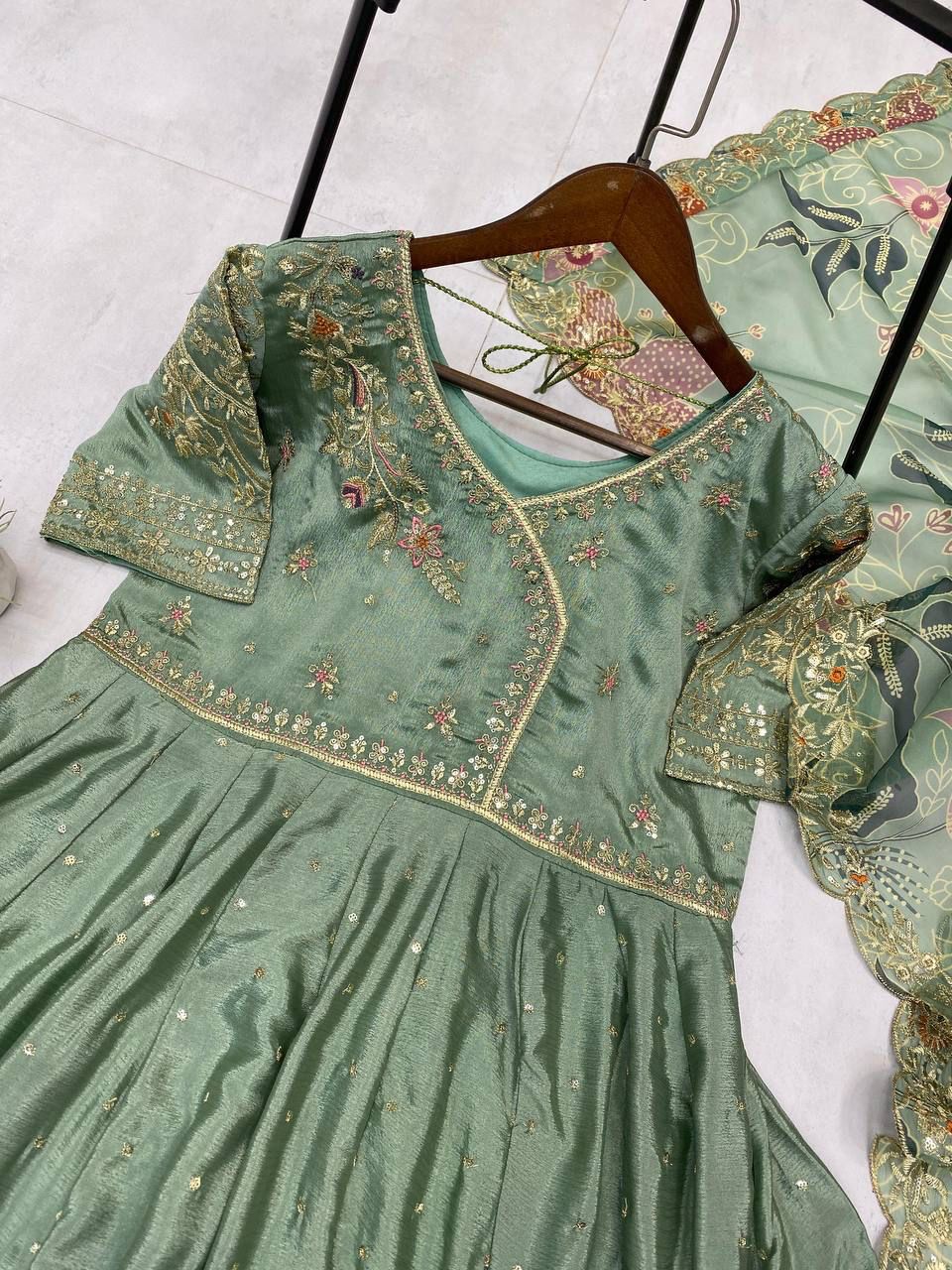 Green Elegant Embroidery Work Gown