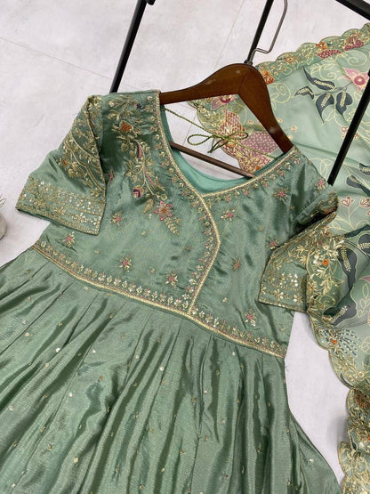 Green Elegant Embroidery Work Gown