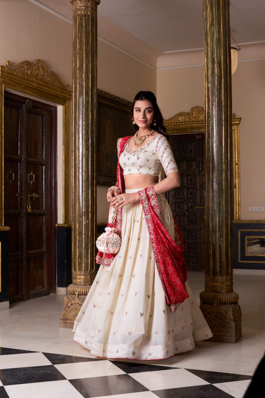 White Vichitra Silk Lehenga