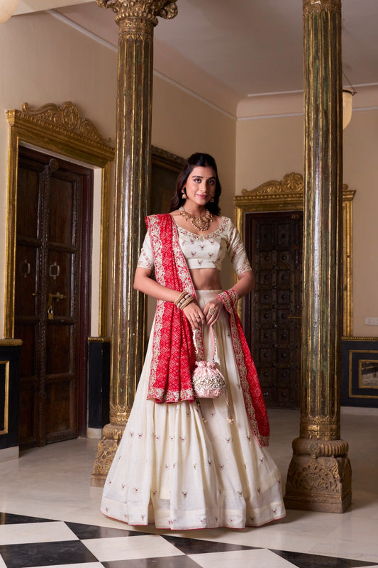 White Vichitra Silk Lehenga