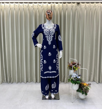 Navy Blue Elegant Full Stitched Top & Plazo