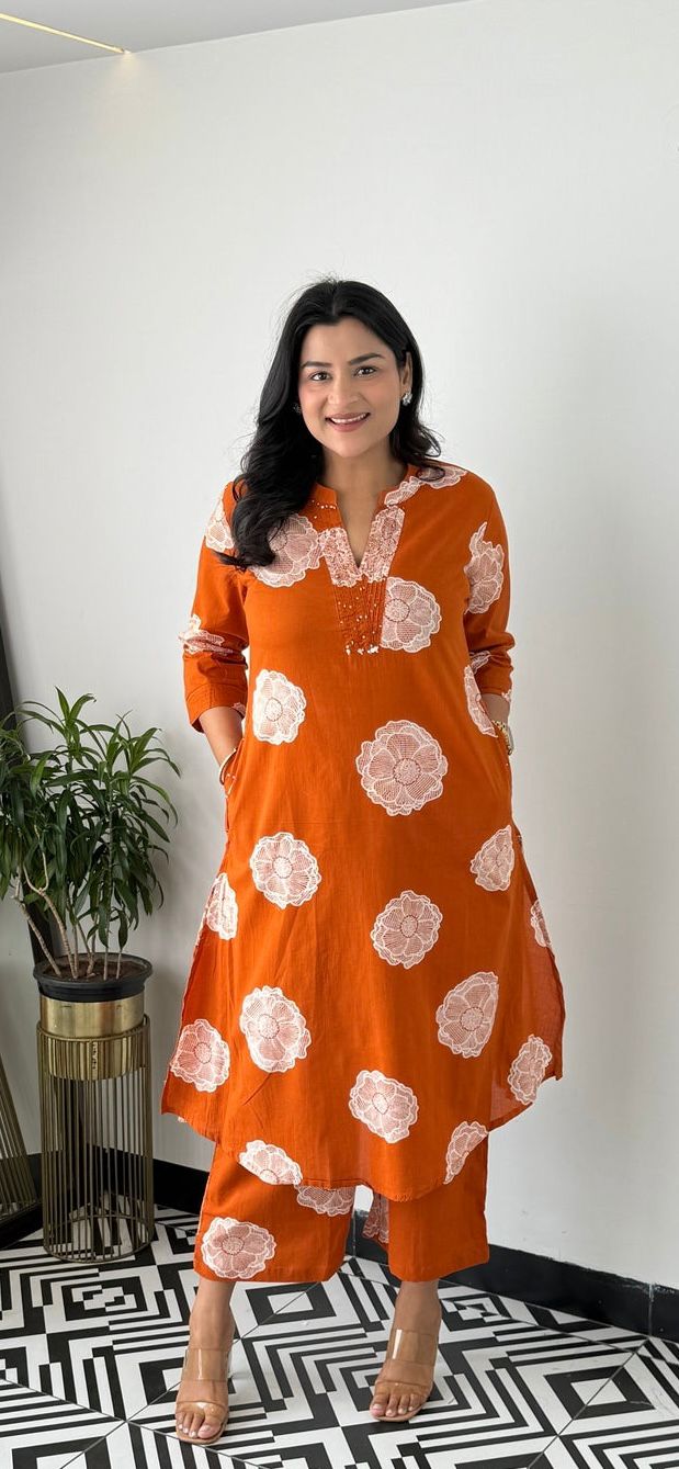 Orange Printed Cotton Cord Set