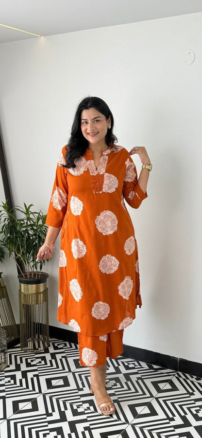 Orange Printed Cotton Cord Set