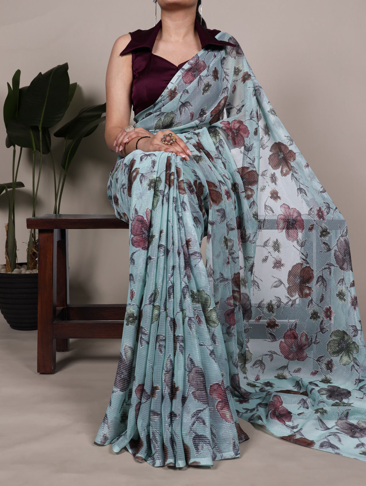 Blue Floral Brasso Saree