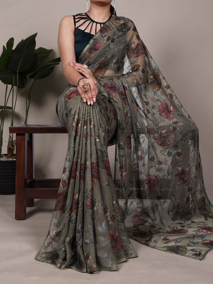 Olive Green Designer Floral Saree