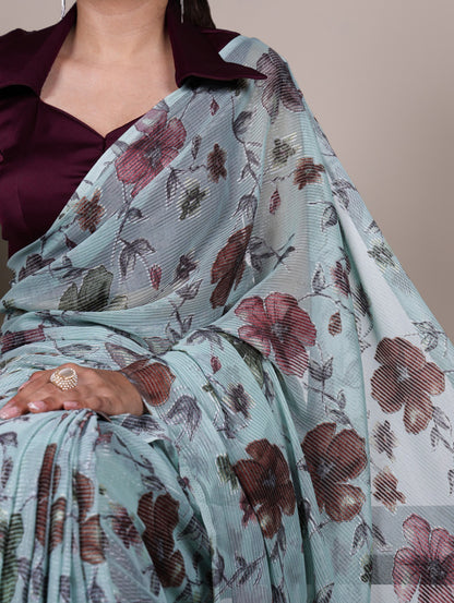 Blue Floral Brasso Saree