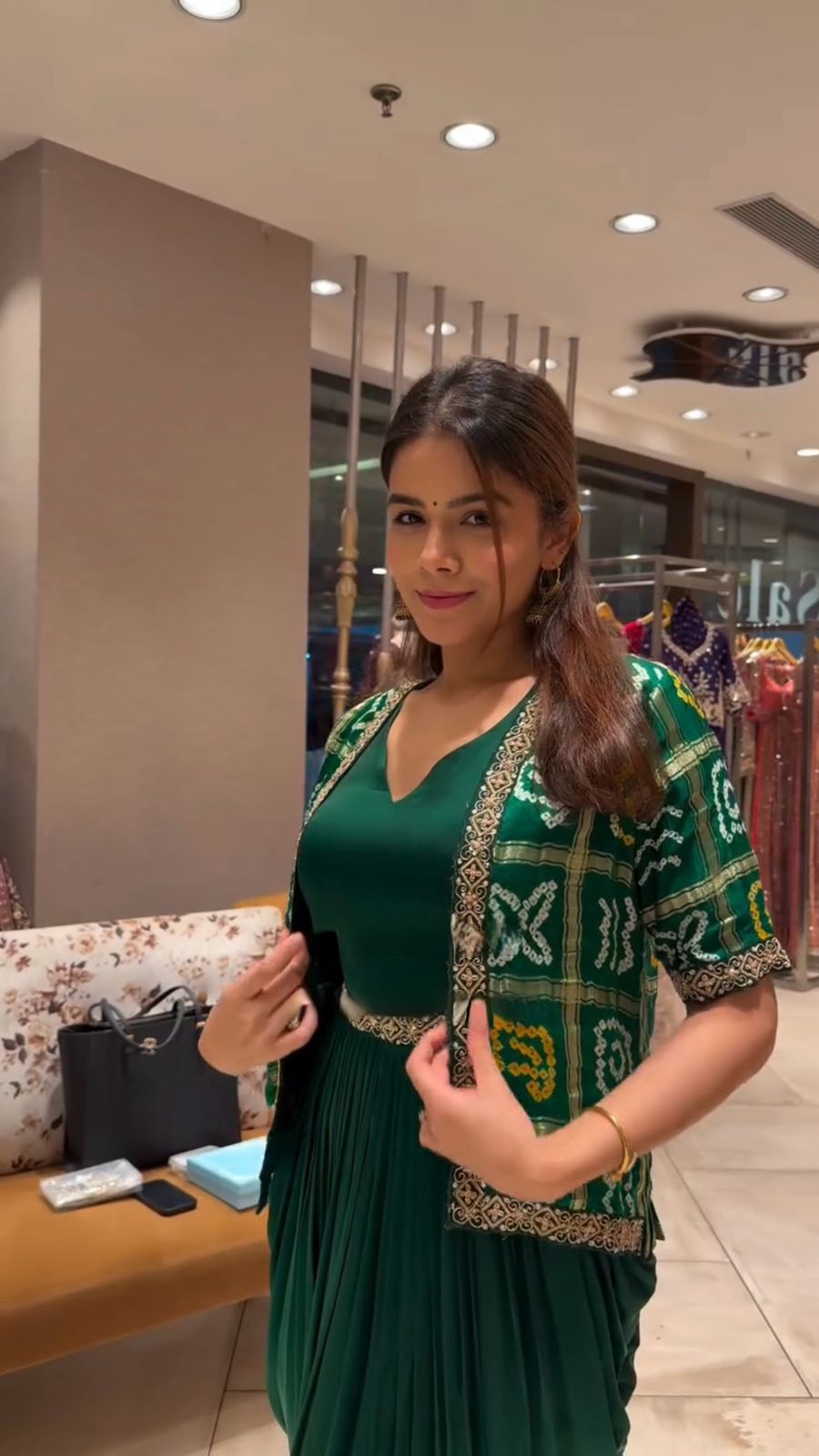 Green Printed Chinon Indo Western