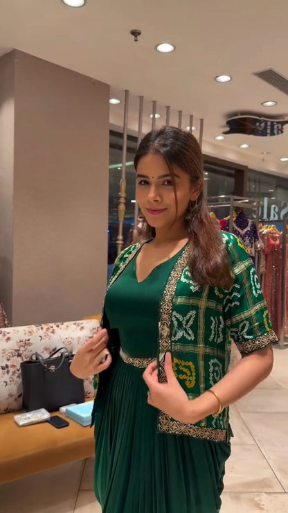 Green Printed Chinon Indo Western