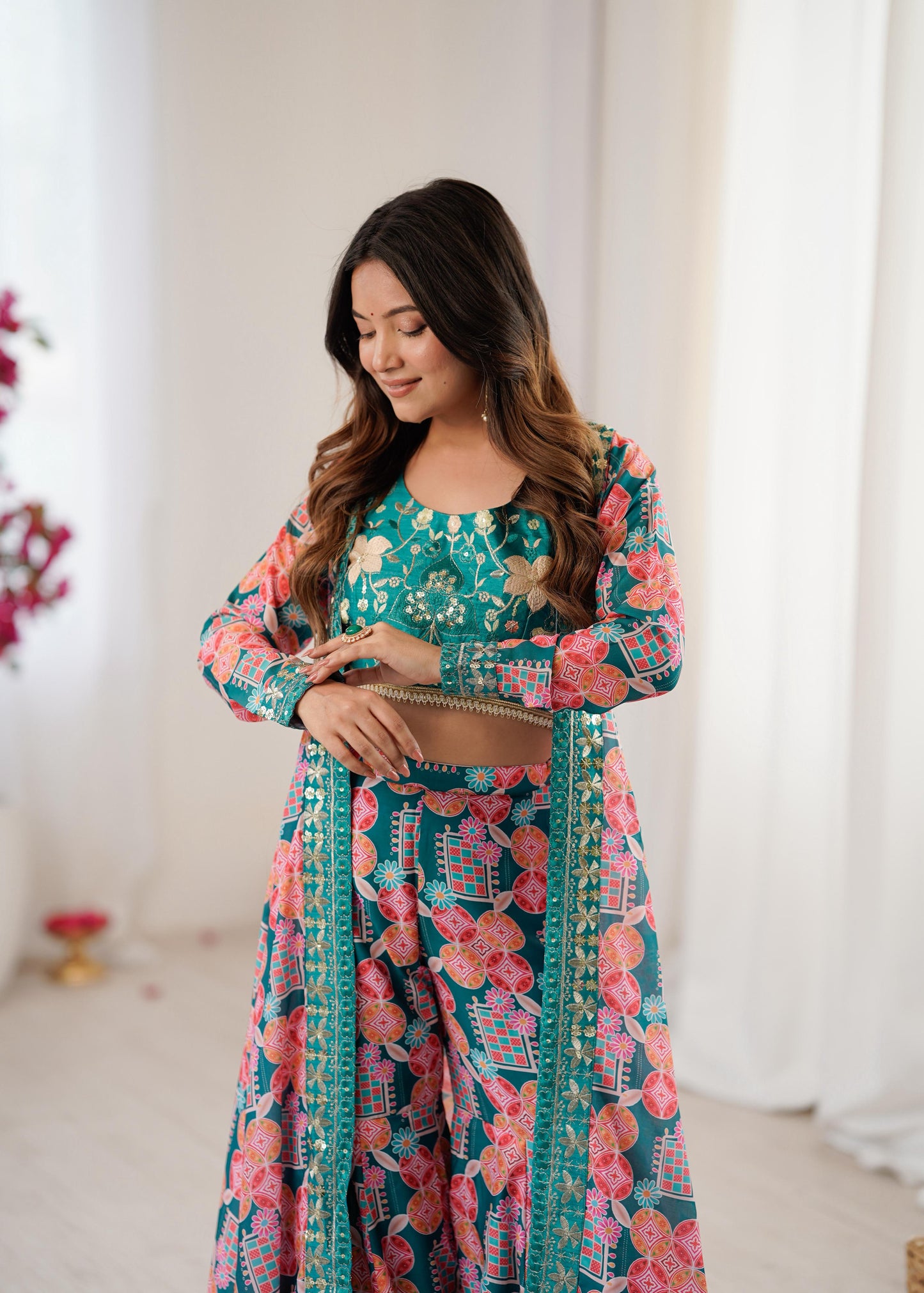 Sky Blue Digital Printed Heavy Indo Western