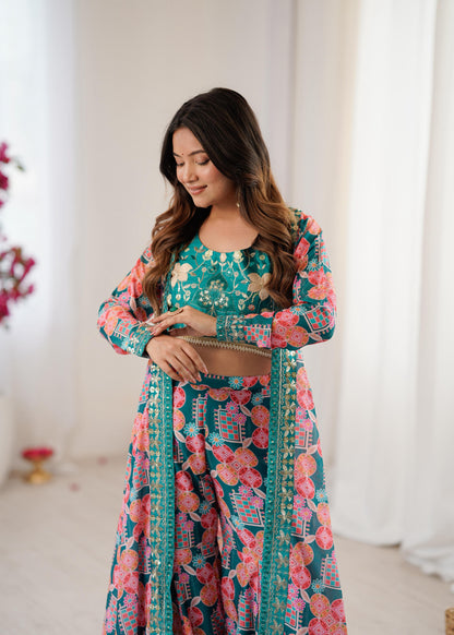 Sky Blue Digital Printed Heavy Indo Western