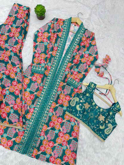 Sky Blue Digital Printed Heavy Indo Western