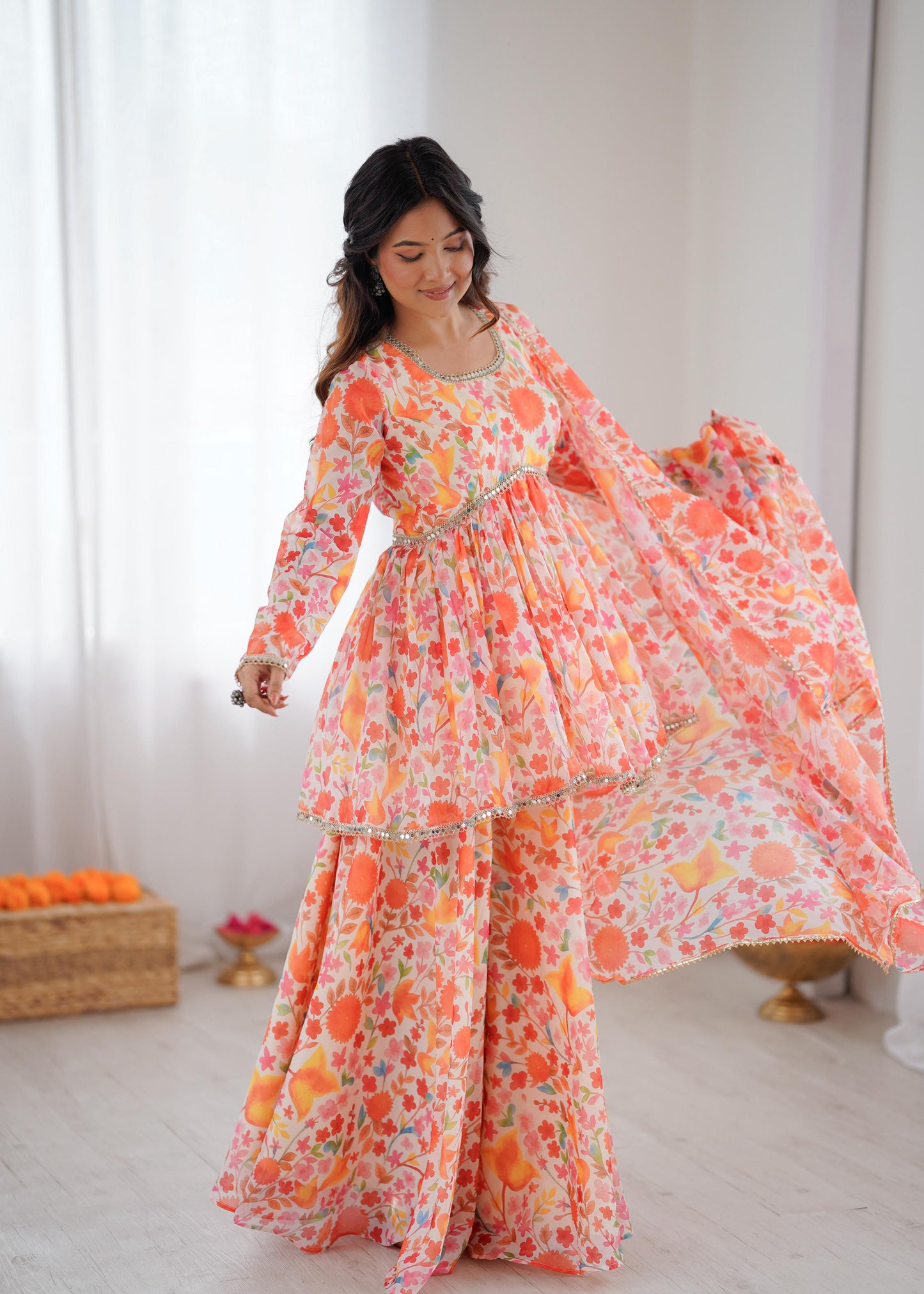 Orange Heavy Organza Festive Plazo Suits
