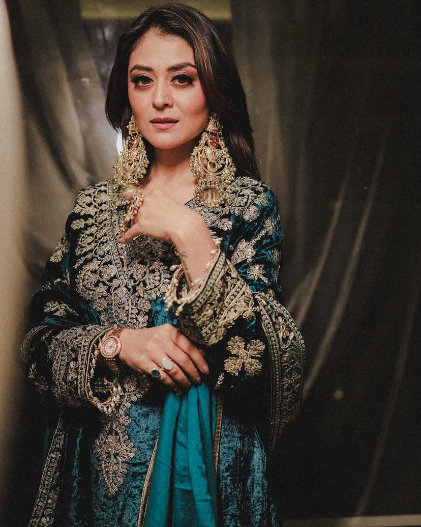 Teal Green Velvet Embroidered Plazo Suits