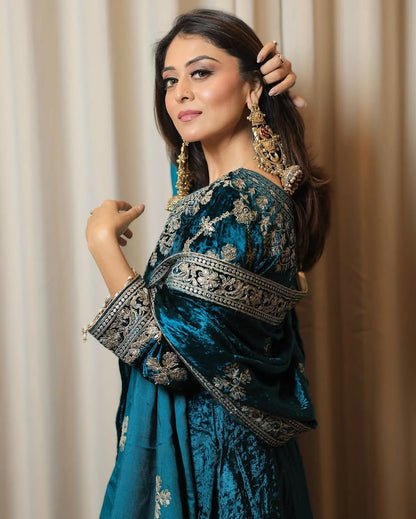 Teal Green Velvet Embroidered Plazo Suits