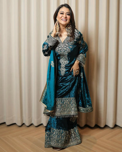 Teal Green Velvet Embroidered Plazo Suits