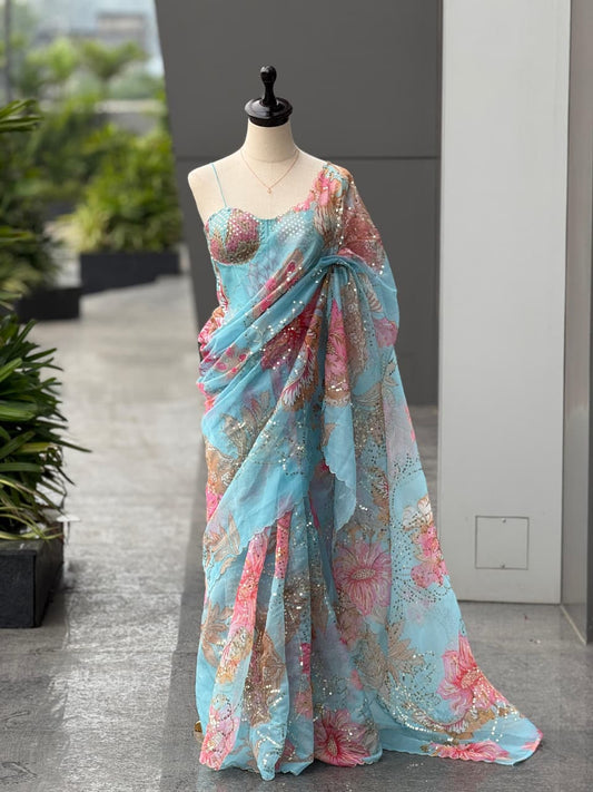 Blue Pure Jimmy Organza Saree