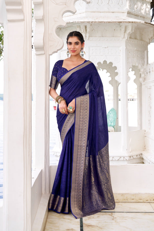 Navy Blue Zari Worked Saree