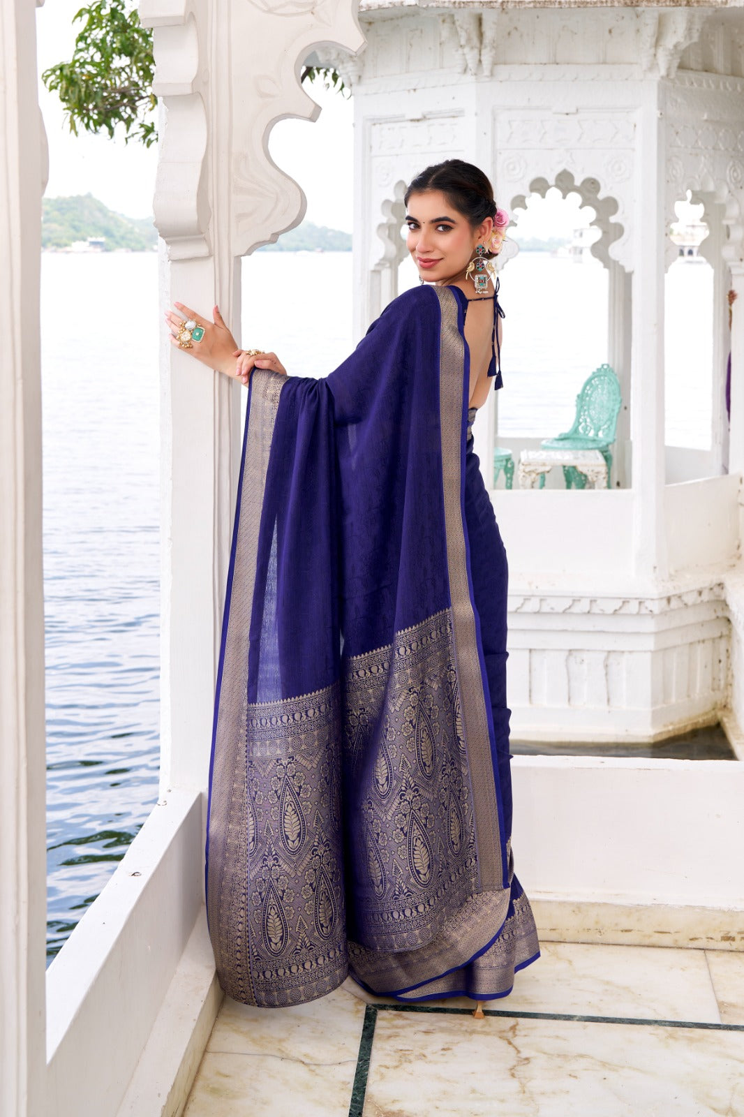 Navy Blue Zari Worked Saree