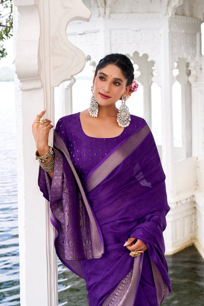 Purple Chinon Zari Work Saree