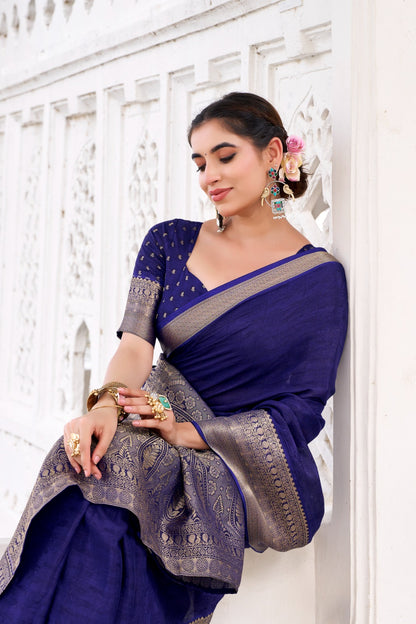 Navy Blue Zari Worked Saree