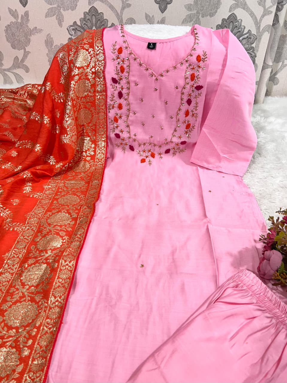 Pink Roman Silk Festive Kurti