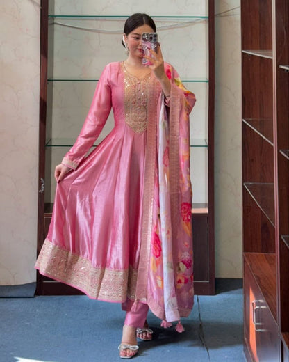 Pink Banarasi Silk Anarkali Kurti