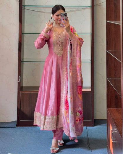 Pink Banarasi Silk Anarkali Kurti