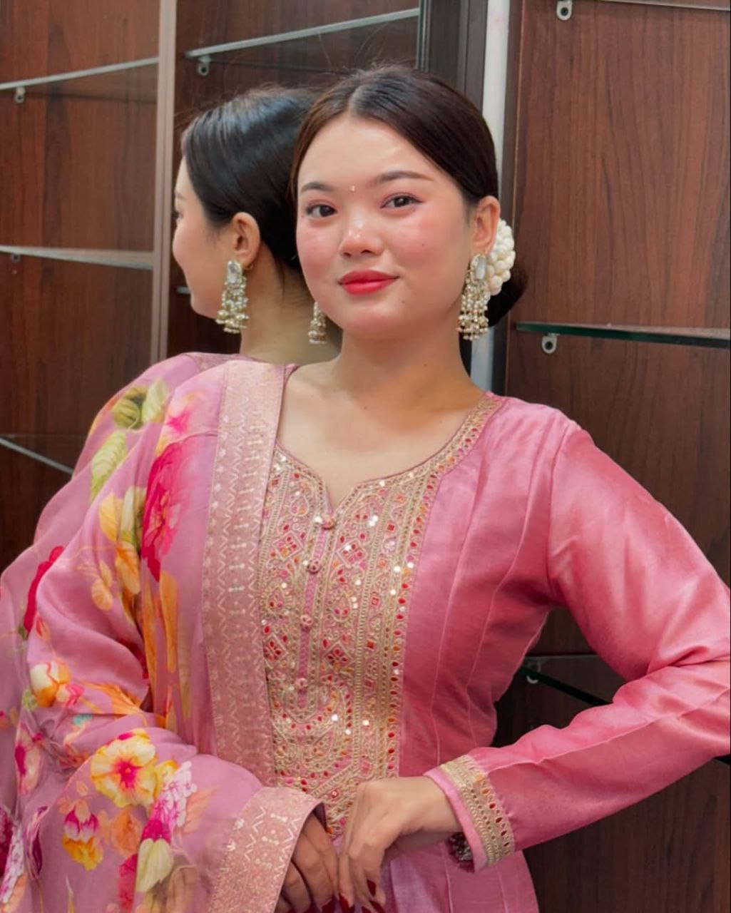 Pink Banarasi Silk Anarkali Kurti
