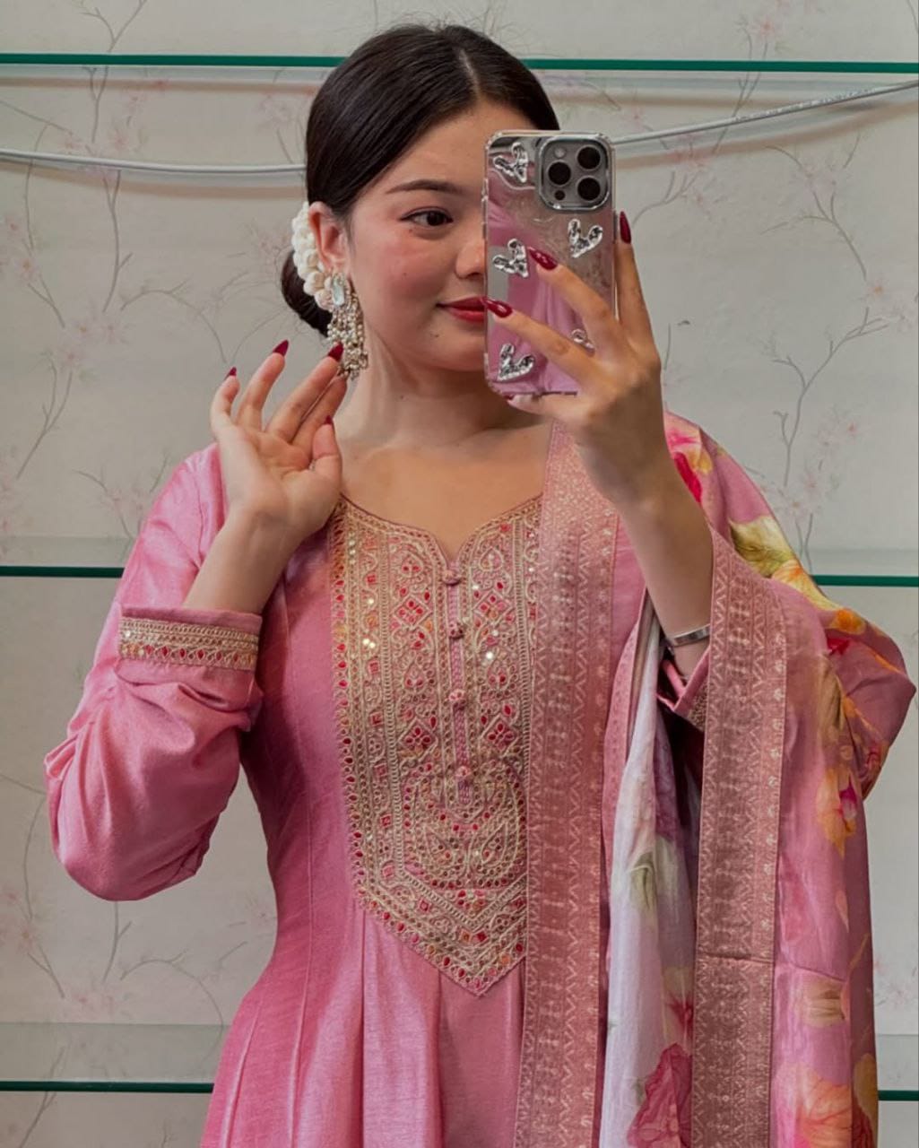 Pink Banarasi Silk Anarkali Kurti