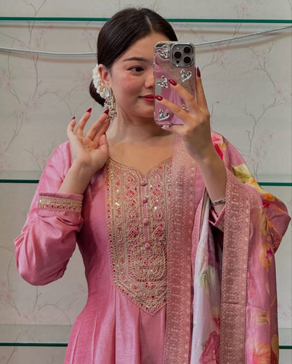 Pink Banarasi Silk Anarkali Kurti