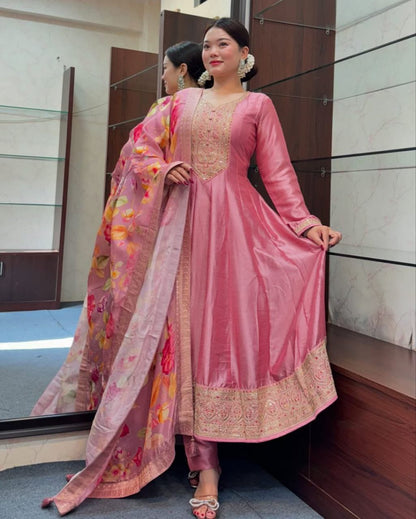 Pink Banarasi Silk Anarkali Kurti