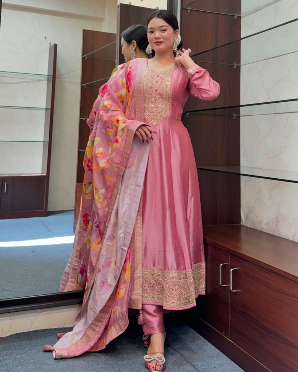 Pink Banarasi Silk Anarkali Kurti