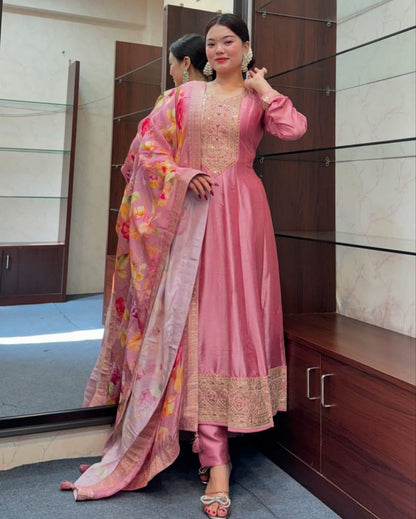 Pink Banarasi Silk Anarkali Kurti